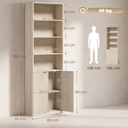 Dimension diagram showing 60W x 24D x 182H cm and shelf and cabinet sizes