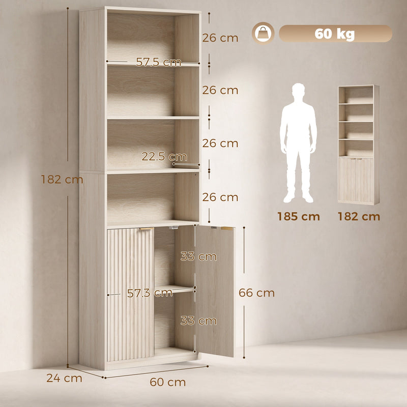 Dimension diagram showing 60W x 24D x 182H cm and shelf and cabinet sizes