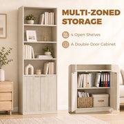 Multi-zoned storage callout showing 4 open shelves and a double-door cabinet