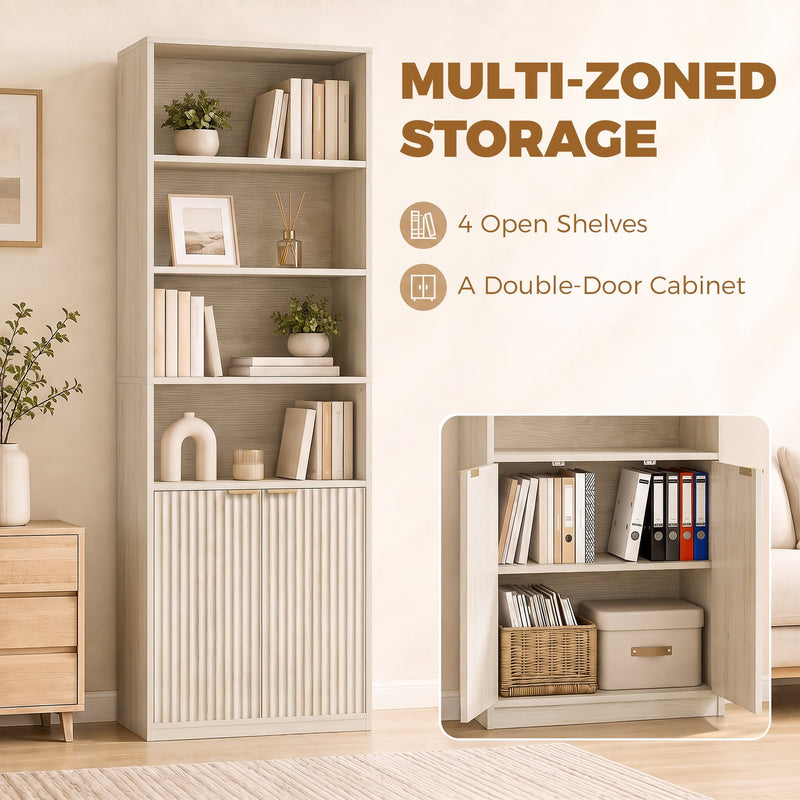 Multi-zoned storage callout showing 4 open shelves and a double-door cabinet