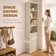 Space-saving tall narrow bookcase shown beside a woman in a hallway
