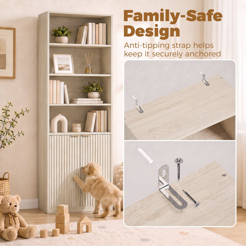 Anti-tipping strap hardware shown with a puppy beside the bookcase