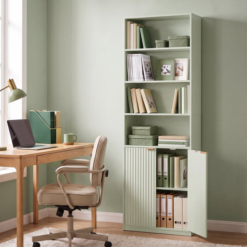 Light green bookcase in a home office beside a desk
