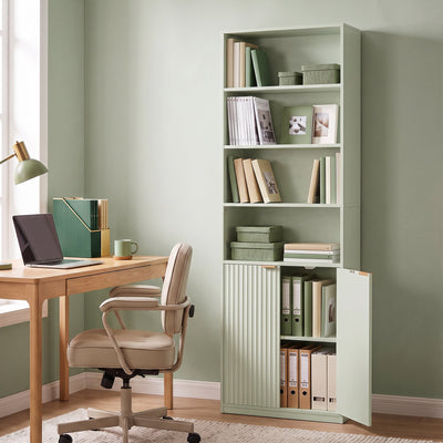 Light green bookcase in a home office beside a desk