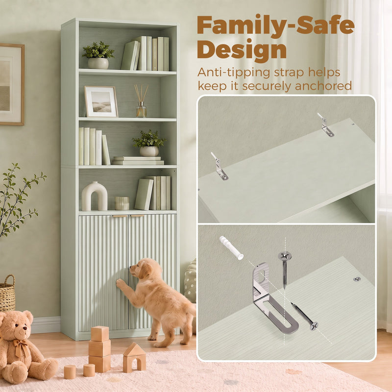 Anti-tip wall-anchor hardware close-up beside a bookcase in a family living room