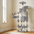 Feandrea 206cm tall cat tree in light grey with cats playing on hammock and perches