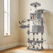 Feandrea 206cm tall cat tree in light grey with cats playing on hammock and perches