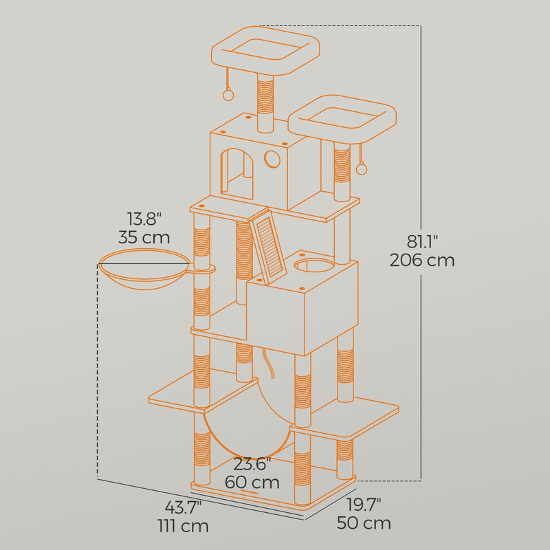 Cat climbing the levels of the tall light grey cat tree in a home setting