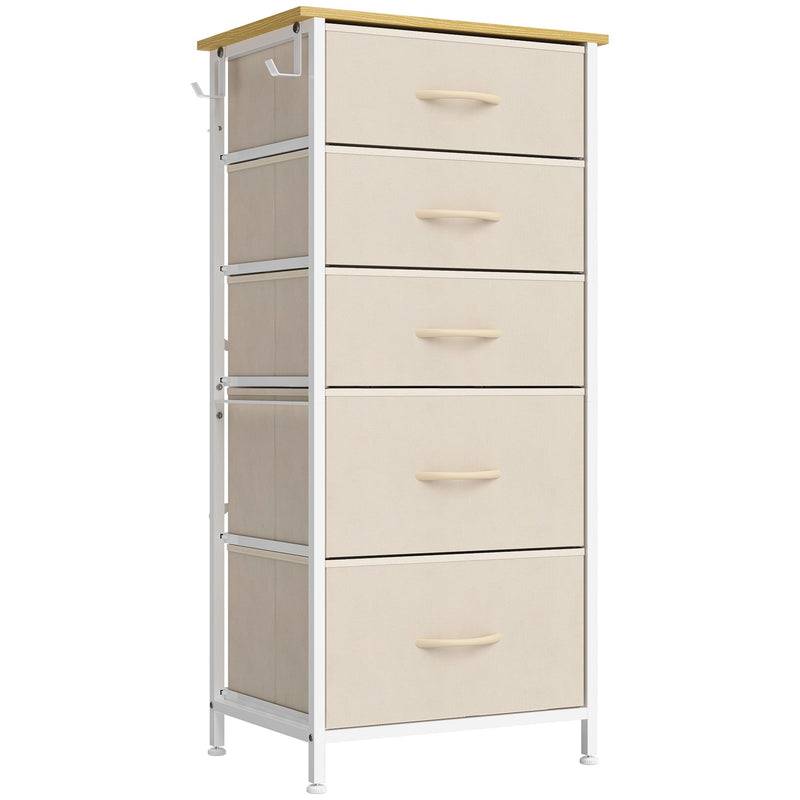 Beige 5-drawer fabric chest of drawers with white frame on a white background