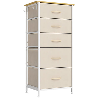 Beige 5-drawer fabric chest of drawers with white frame on a white background
