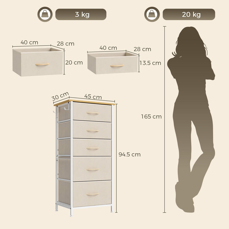 Dimensions diagram showing 45 cm wide, 30 cm deep and 94.5 cm high with drawer sizes and load limits