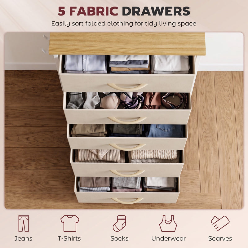 Five fabric drawers pulled open and filled with folded clothes