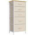 5-drawer fabric chest of drawers with a wood-effect top on a white background, shown in beige