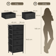 Size chart: 13.5 cm and 20 cm high drawers, 45 x 30 x 94.5 cm frame and 165 cm figure, shown in black