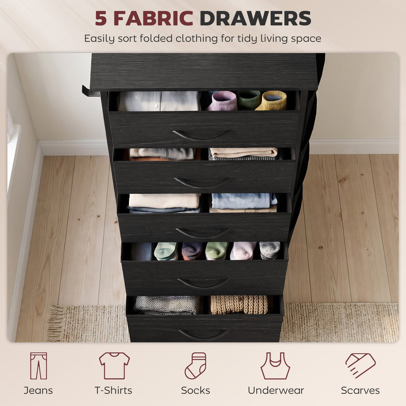 Five drawers open from above holding t-shirts, socks, underwear and scarves, shown in black