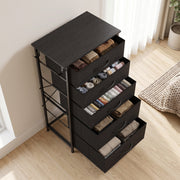 Angled view with all five drawers open showing folded clothes, shown in black