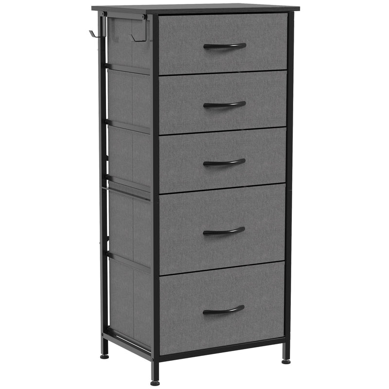 Tall fabric chest of 5 drawers with a hook on the side frame, studio shot on a white background, shown in grey