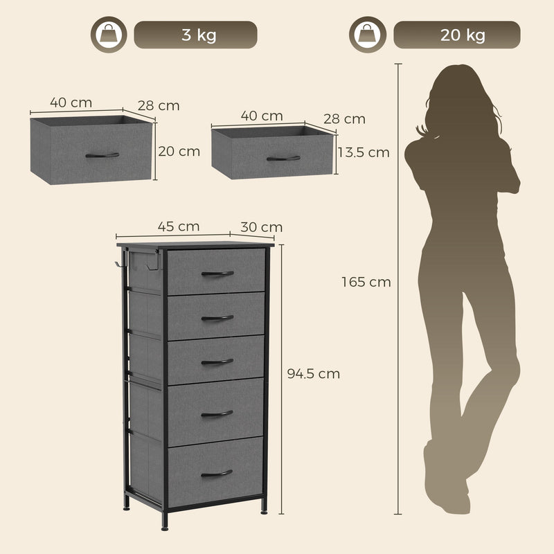Dimensions graphic with upper and lower drawer sizes and overall height, shown in grey