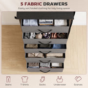 Overhead view of five open drawers filled with folded clothing, shown in grey