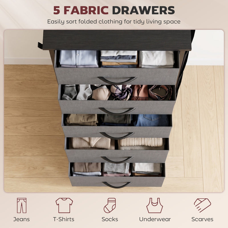 Overhead view of five open drawers filled with folded clothing, shown in grey