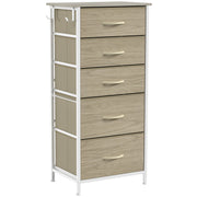 Fabric chest of 5 drawers with wood grain drawer fronts and a side hook, angled studio shot, shown in oak