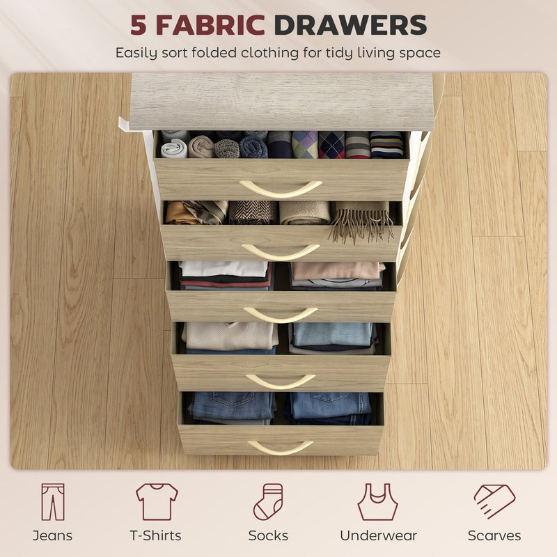 Top-down view of open drawers neatly packed with clothes and accessories, shown in oak
