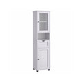 Vasagle tall freestanding bathroom cabinet in light grey wood grain, front view with doors closed