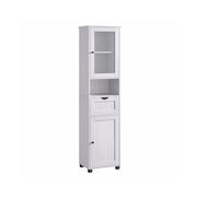 Vasagle tall freestanding bathroom cabinet in light grey wood grain, front view with doors closed