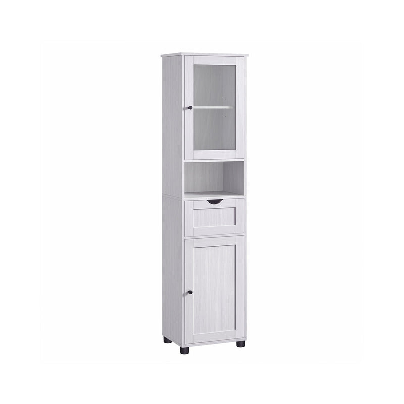 Vasagle tall freestanding bathroom cabinet in light grey wood grain, front view with doors closed