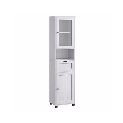 Vasagle tall freestanding bathroom cabinet in light grey wood grain, front view with doors closed