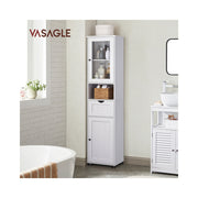 Vasagle tall bathroom cabinet styled in a bathroom corner beside a bathtub and washbasin