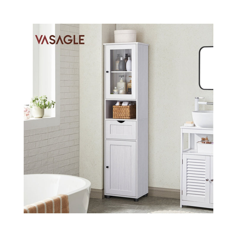 Vasagle tall bathroom cabinet styled in a bathroom corner beside a bathtub and washbasin