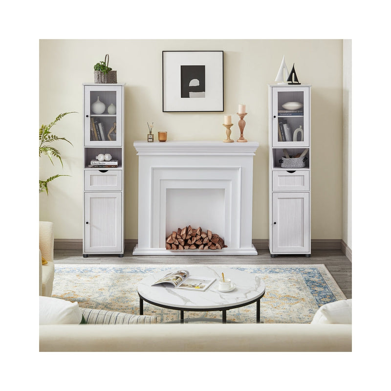 Pair of Vasagle tall bathroom cabinets used as display storage either side of a living room fireplace