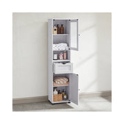 Vasagle bathroom cabinet with glass door, drawer and lower door open showing towels and toiletries stored inside