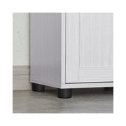 Close-up of the water-resistant plastic feet on the base of the Vasagle bathroom cabinet