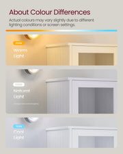 Colour comparison chart showing the Vasagle cabinet's light grey wood-grain finish under warm, natural and cool lighting