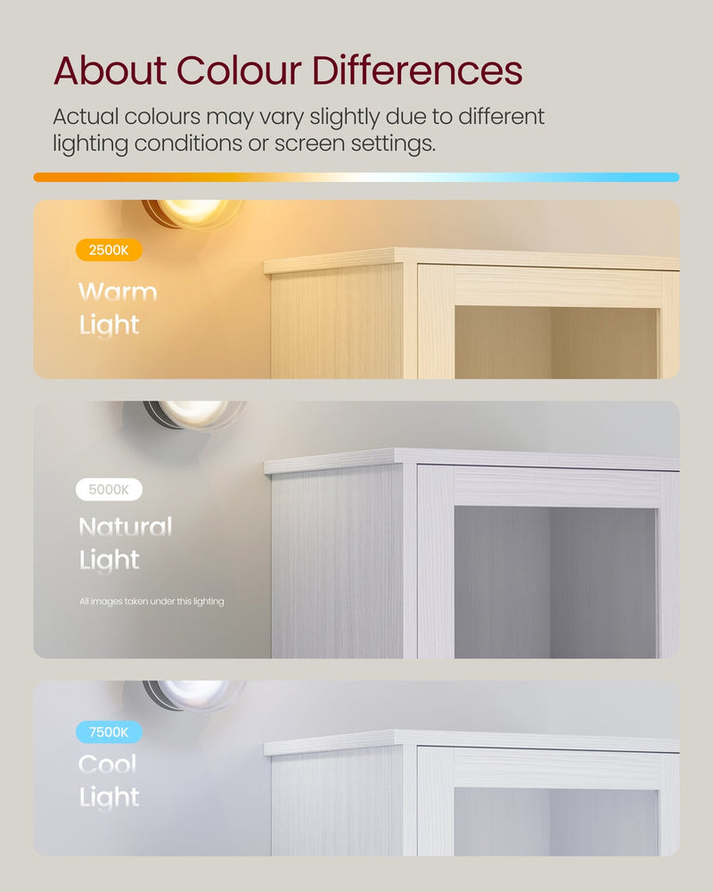Colour comparison chart showing the Vasagle cabinet's light grey wood-grain finish under warm, natural and cool lighting