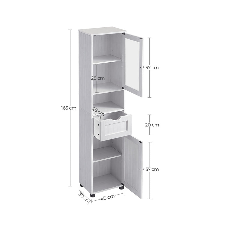 Dimensions diagram of the Vasagle tall bathroom cabinet: 165 cm high, 40 cm wide, 30 cm deep