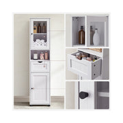 Feature callout collage showing the Vasagle cabinet's glass shelf, drawer and door handle details