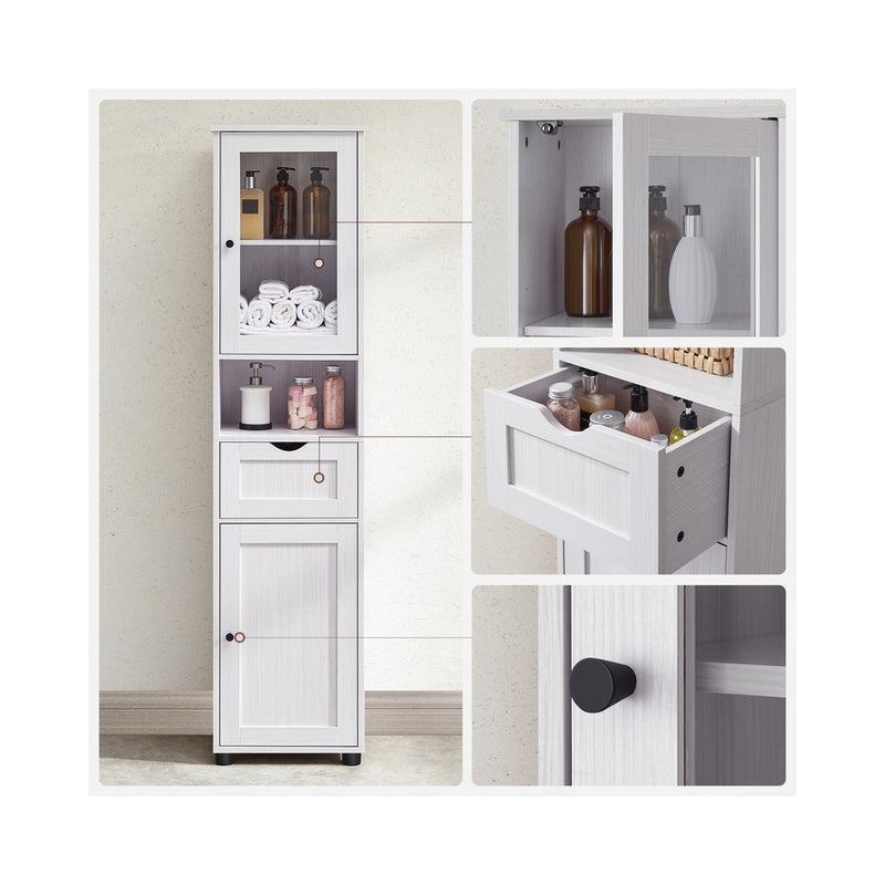 Feature callout collage showing the Vasagle cabinet's glass shelf, drawer and door handle details