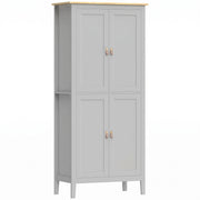 Tall grey four-door pantry cupboard with a wood-effect top on a white background