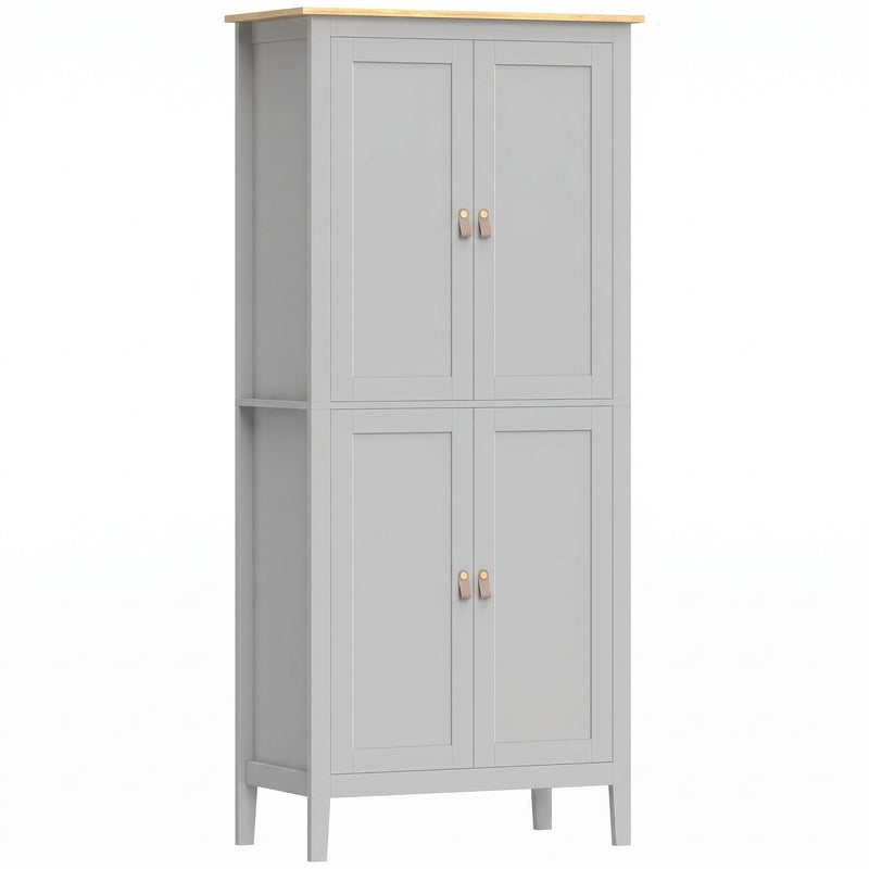 Tall grey four-door pantry cupboard with a wood-effect top on a white background