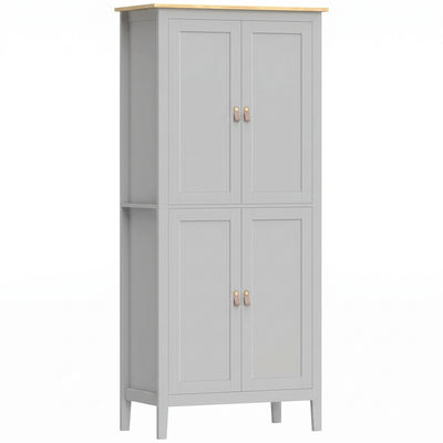 Tall grey four-door pantry cupboard with a wood-effect top on a white background