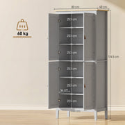 Dimensions diagram of the grey pantry cupboard with shelf heights and a 60 kg capacity icon