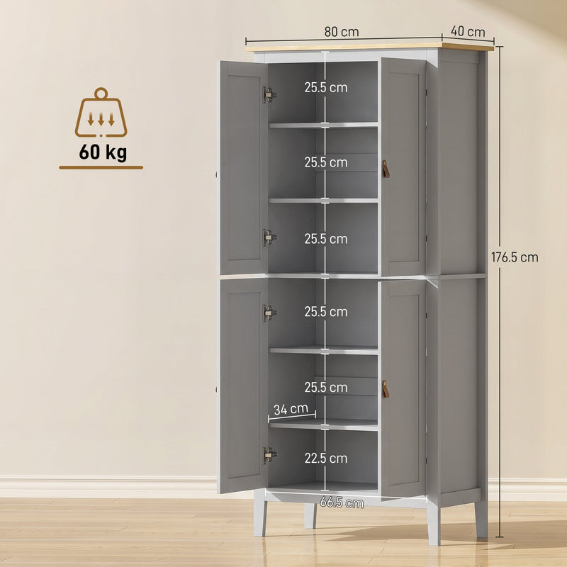 Dimensions diagram of the grey pantry cupboard with shelf heights and a 60 kg capacity icon