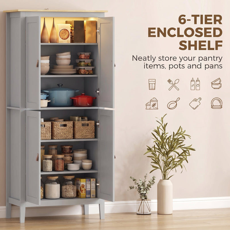 Six-tier enclosed shelving in the grey pantry cupboard filled with pantry items