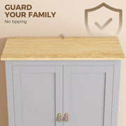 Close-up of the wood-effect top and doors with anti-tip guard your family text