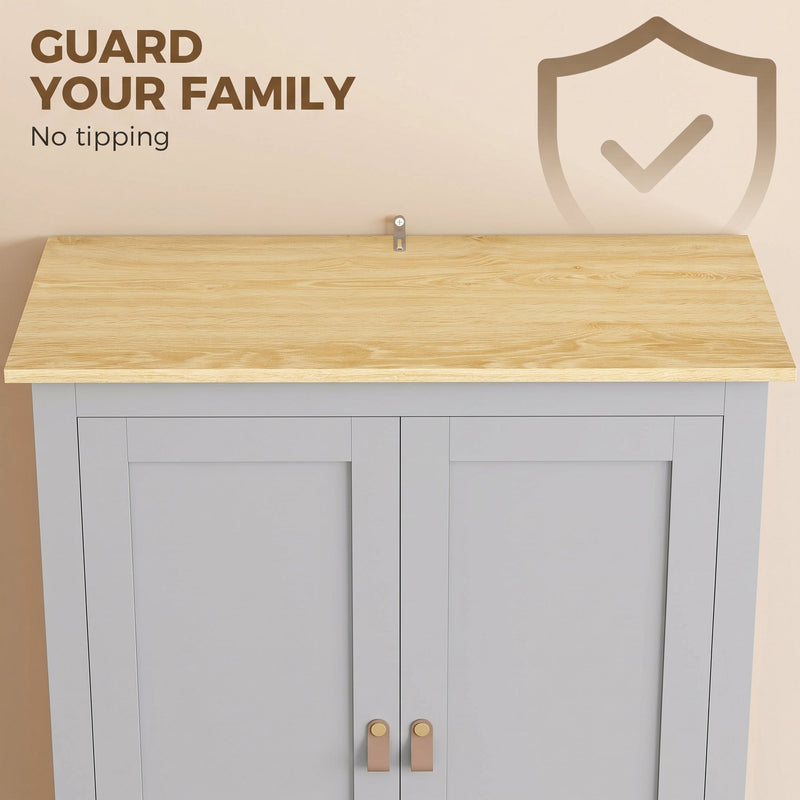 Close-up of the wood-effect top and doors with anti-tip guard your family text