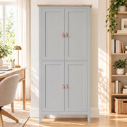 Grey pantry cupboard in a bright room beside a bookcase