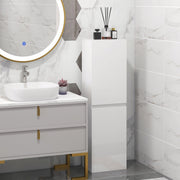 Tall white bathroom cabinet beside a vanity with a round mirror and a basin